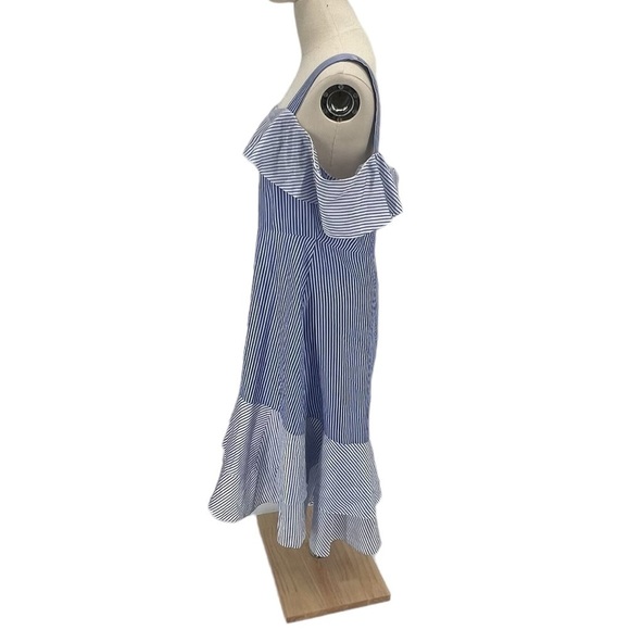 J.Crew Silk Blue White Striped Cold Shoulder High Low Silk Dress Size 14 Women’s - Picture 4 of 7